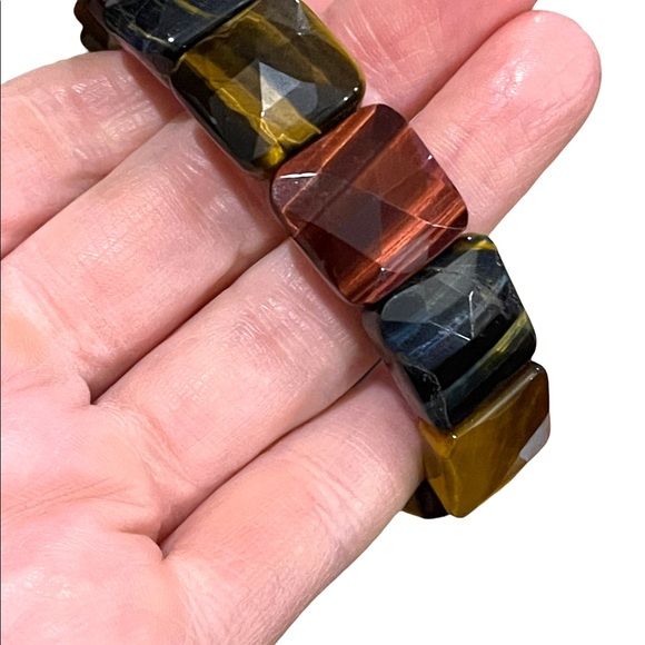 - Kalifano Multi color Heavy Faceted Tiger eye gemstone bangle stretchy br… - Picture 8 of 12